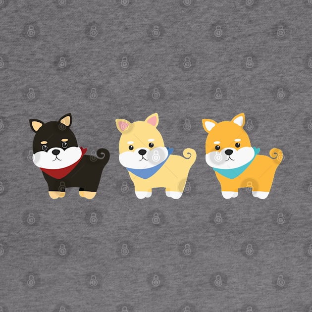 Three Adorable Shiba Inu Dog Cartoons Wearing Bandanas by Susie